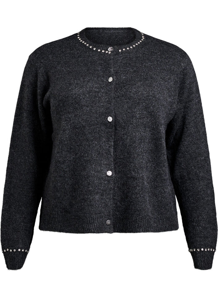 Cardigan med rhinesteiner og dekorative knapper, Grå, Packshot image number 0