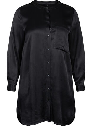 Lang shiny skjorte med splitt, Black, Packshot image number 0