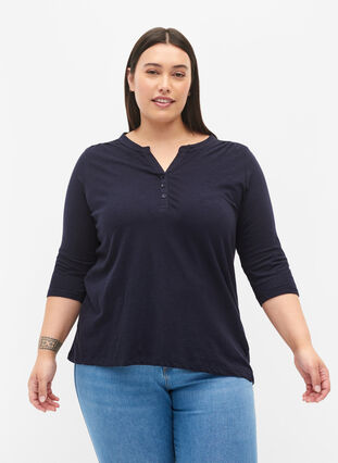 Zizzi Bluse i bomull med 3/4-ermer, Night Sky, Model image number 0