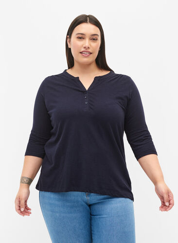 Zizzi Bluse i bomull med 3/4-ermer, Night Sky, Model image number 0