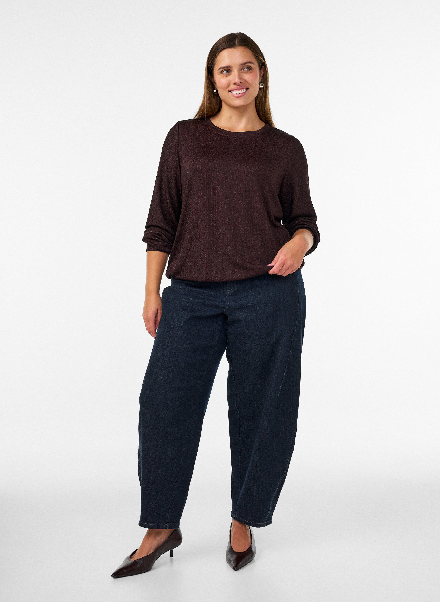 ZizziBluse med vertikal struktur og glittertr&aring;d, Brun, Model image number 1