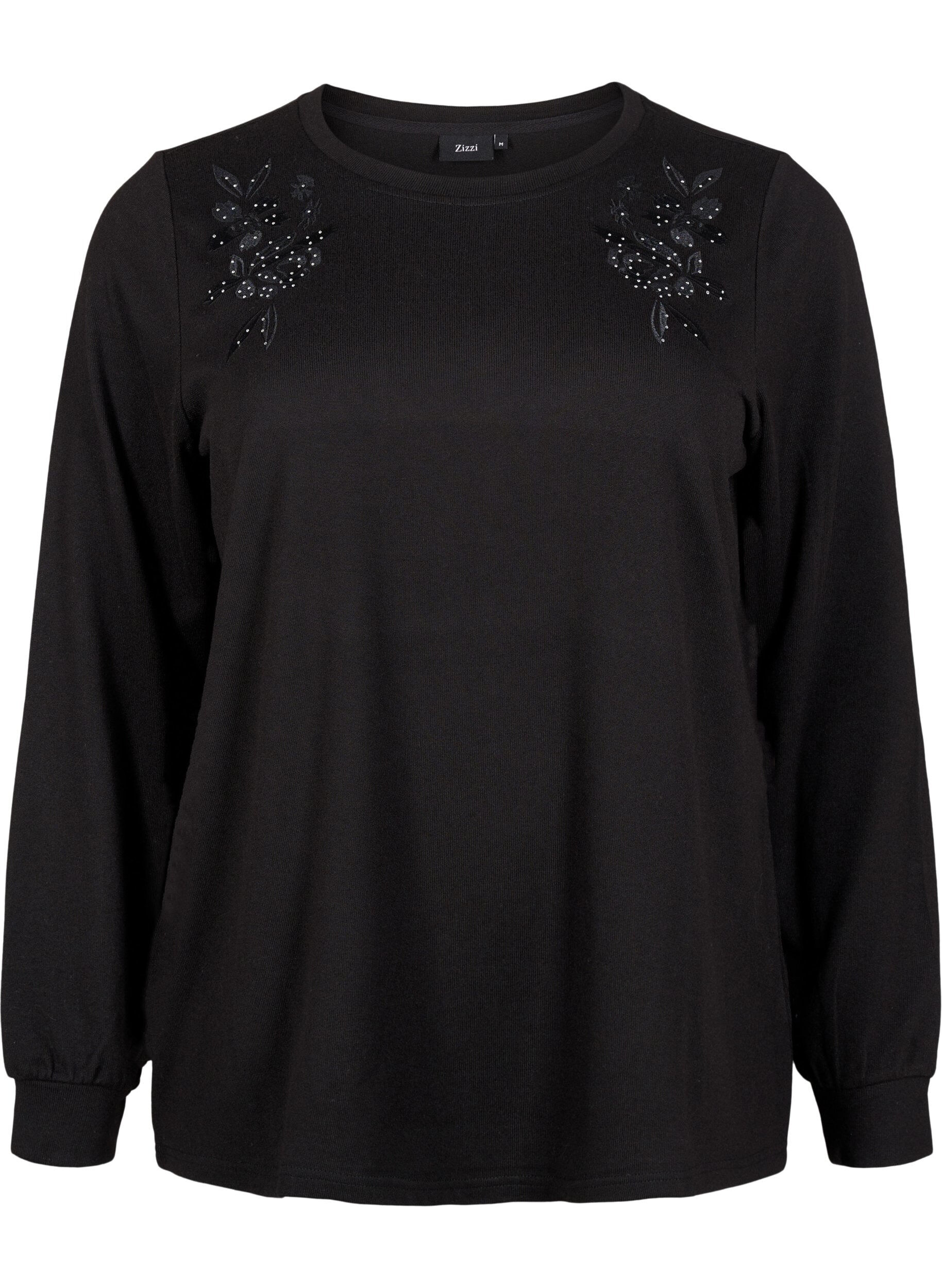 Zizzi Bluse med broderi og rhinsteiner, Black, Packshot image number 0