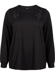 Bluse med broderi og rhinsteiner, Black