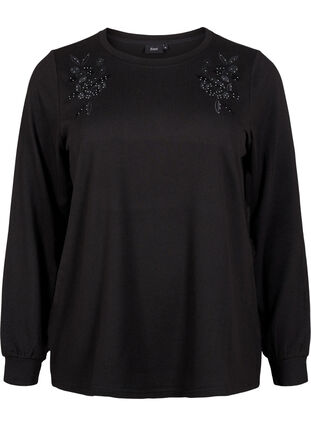 Zizzi Bluse med broderi og rhinsteiner, Black, Packshot image number 0