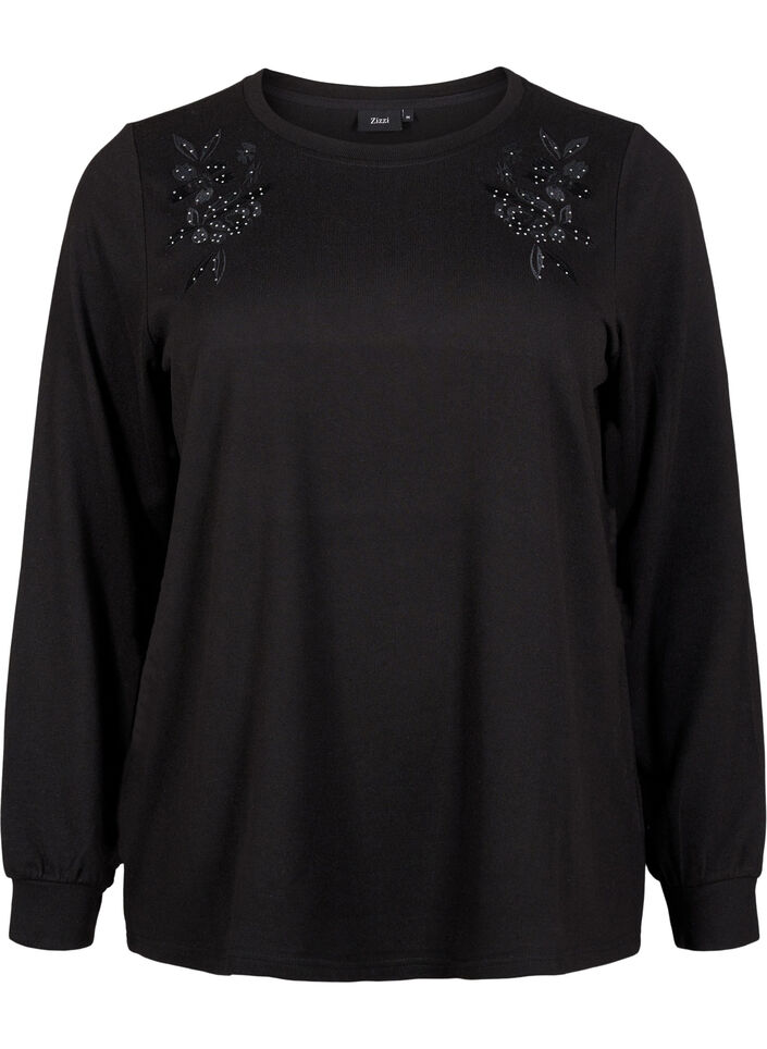 Bluse med broderi og rhinsteiner, Black, Packshot image number 0