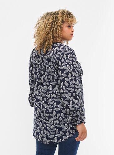 Bluse med vaffelsøm og v-utringning, Navy Leaf, Model image number 1