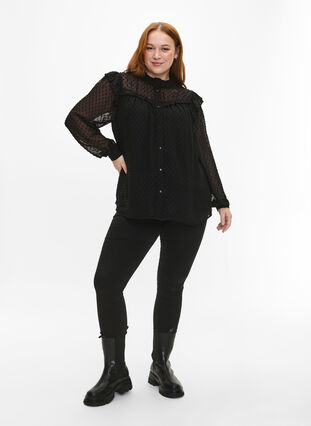 Skjortebluse med volanger og prikkete tekstur, Black, Model image number 2