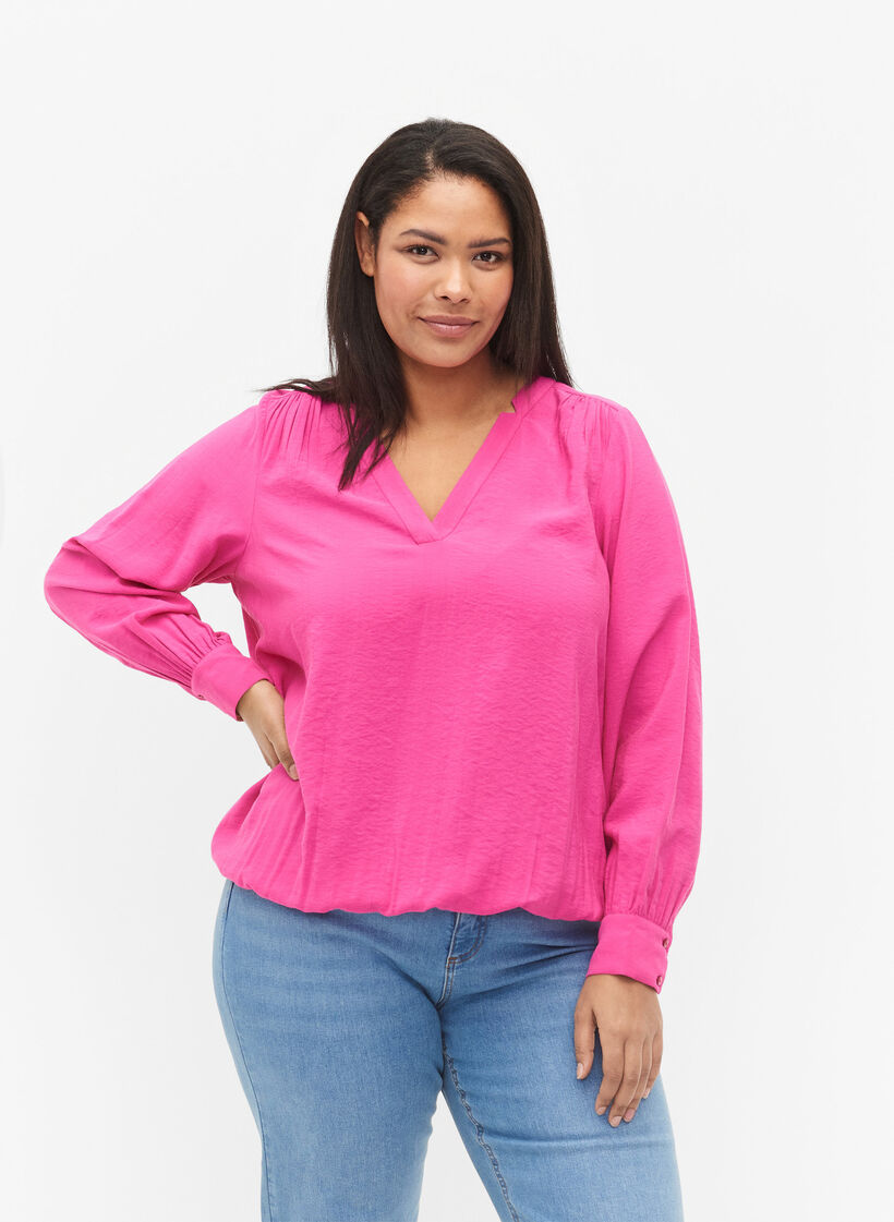 Viskosebluse med V-hals, Raspberry Rose, Model image number 0