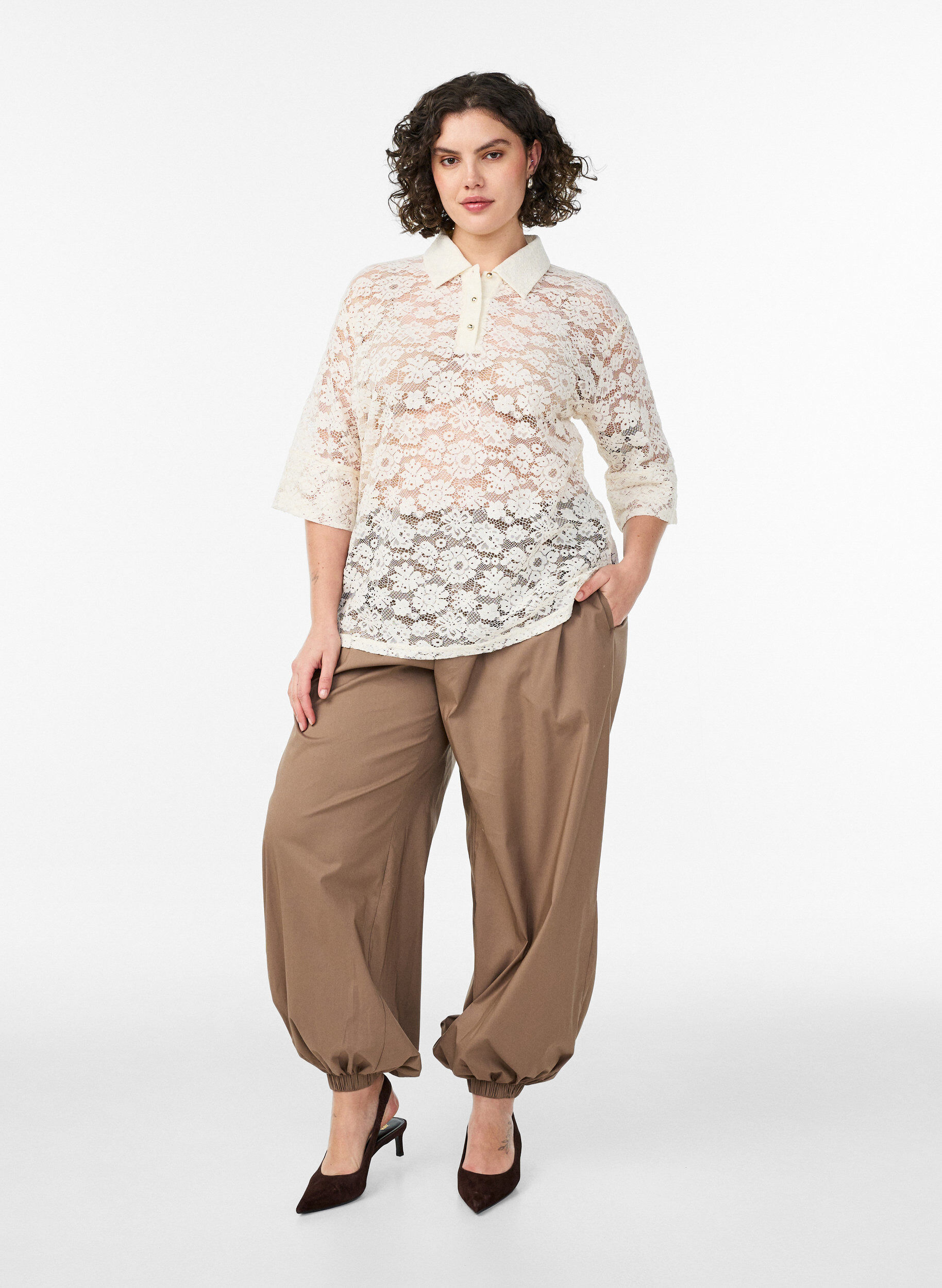 Zizzi Blondebluse med krage og 1/2 ermer, Vanilje, Model image number 1