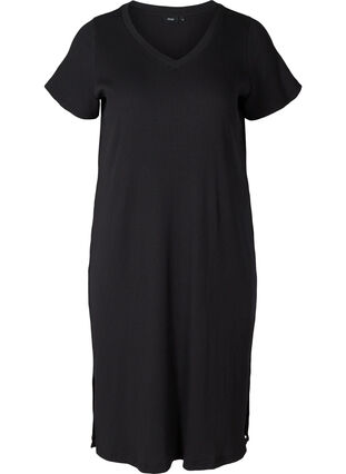 Kortermet ribbet kjole med splitter, Black, Packshot image number 0