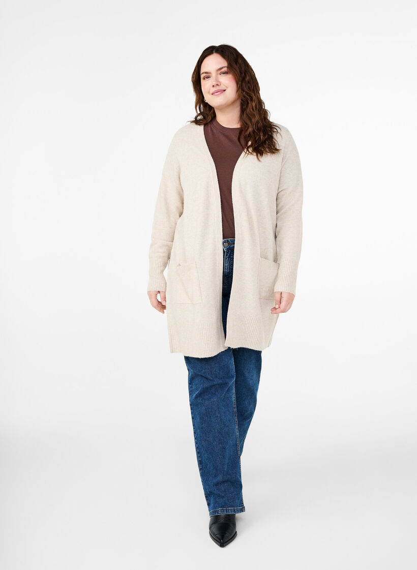 Ribbestrikket cardigan med lommer, Beige, Model image number 1
