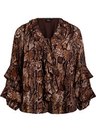 Bluse med dyretrykk og volanger, Brown Snake AOP