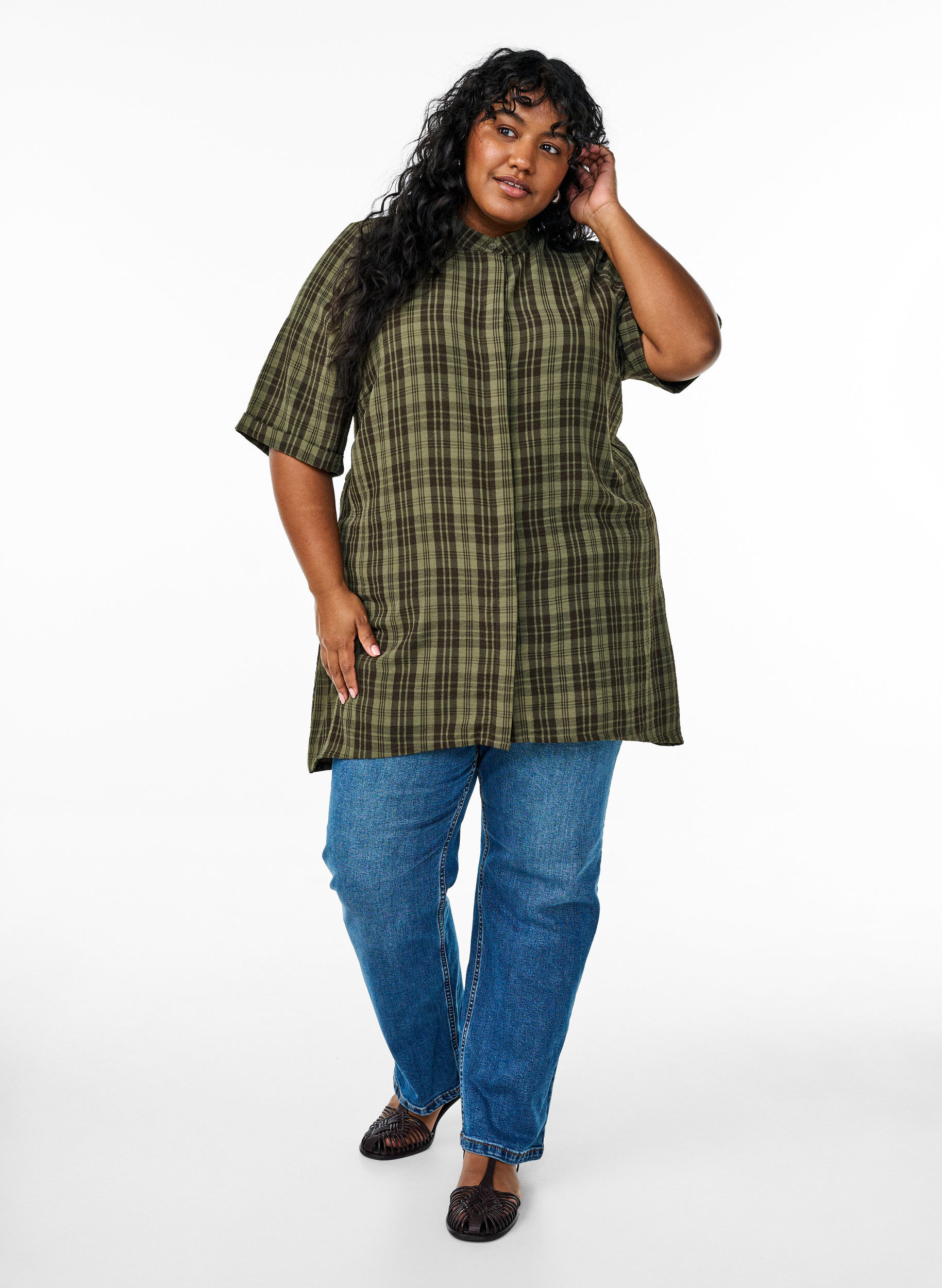 Zizzi Tunika med korte ermer og rutem&oslash;nster, Gr&oslash;nn, Model image number 1