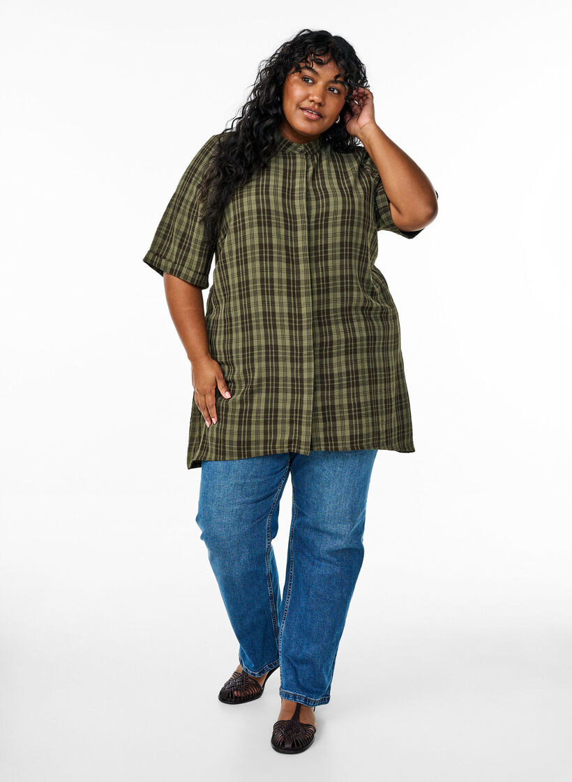 Tunika med korte ermer og rutemønster, Grønn, Model image number 1
