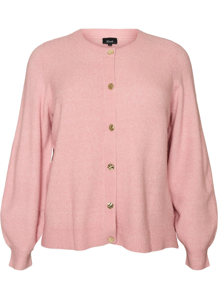 Cardigan i myk strikk med gullfargede knapper, Rosa, Packshot image number 0