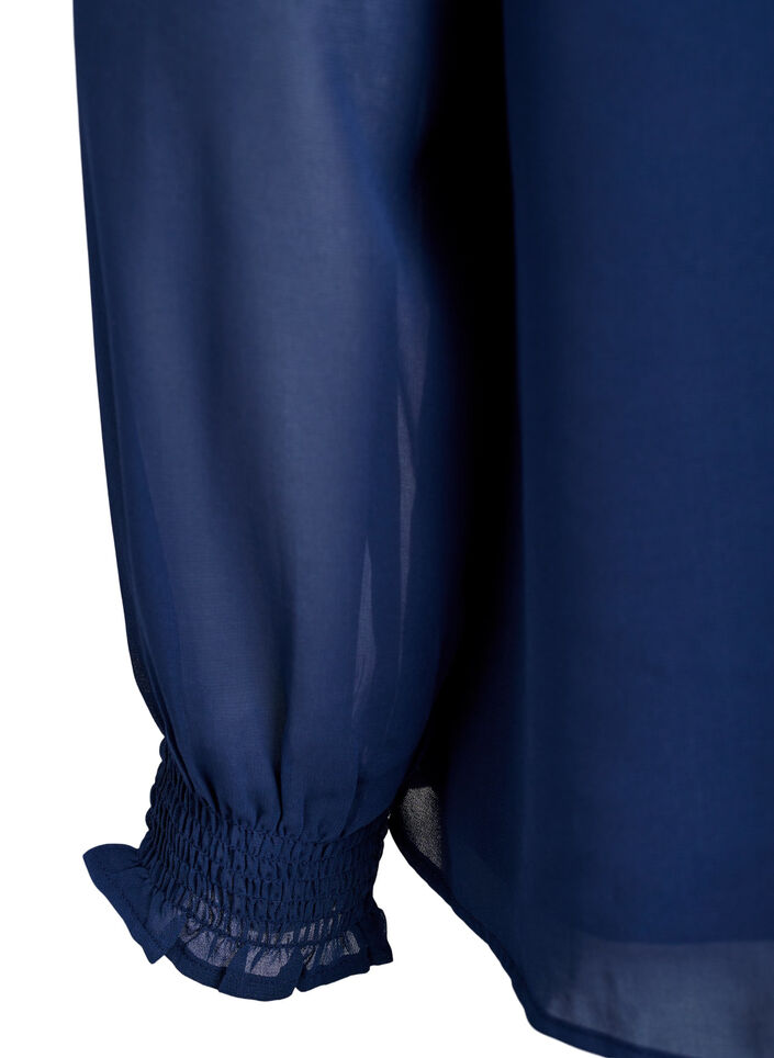 Bluse med gjennomsiktige ermer og smockdetaljer, Blå, Packshot image number 3