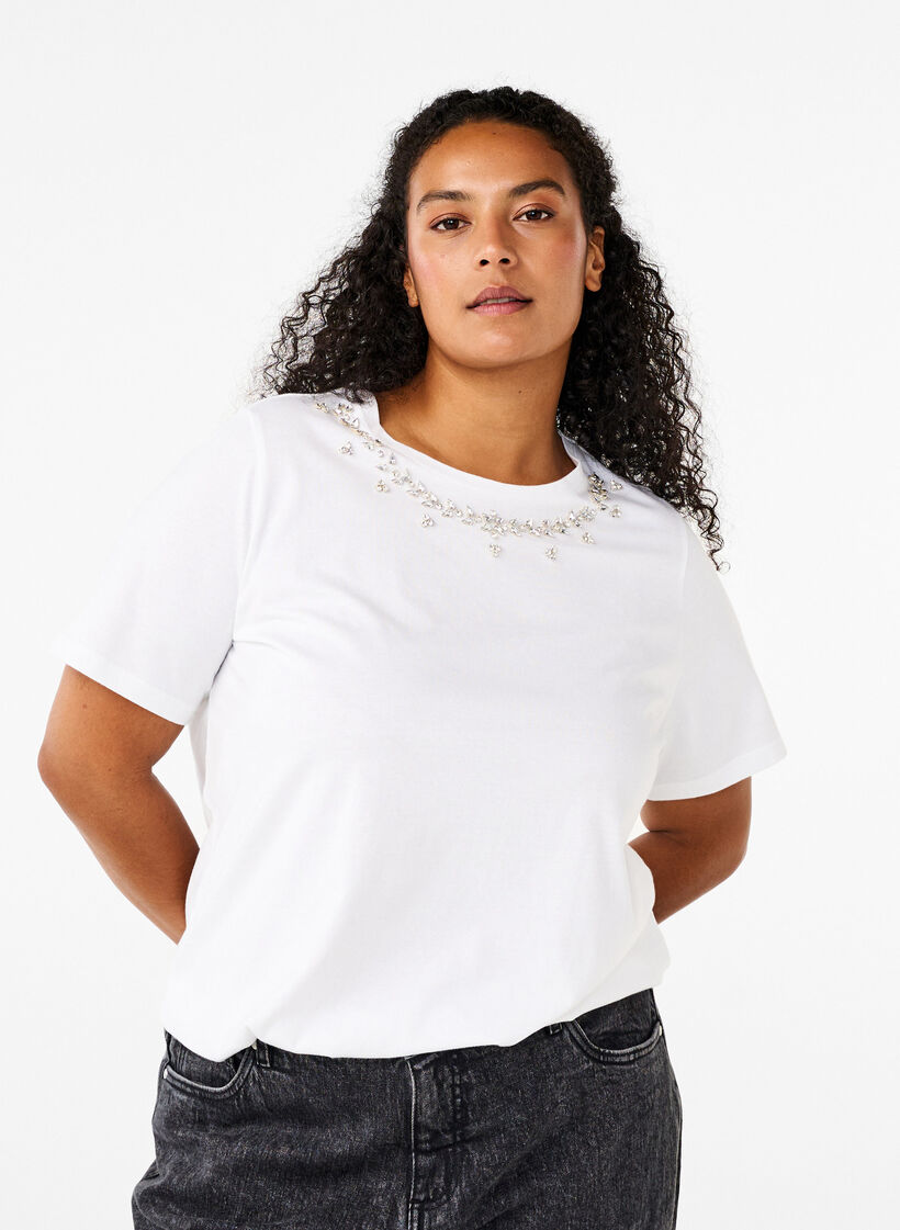 T-skjorte med rund hals og rhinestones, Bright White, Model image number 0