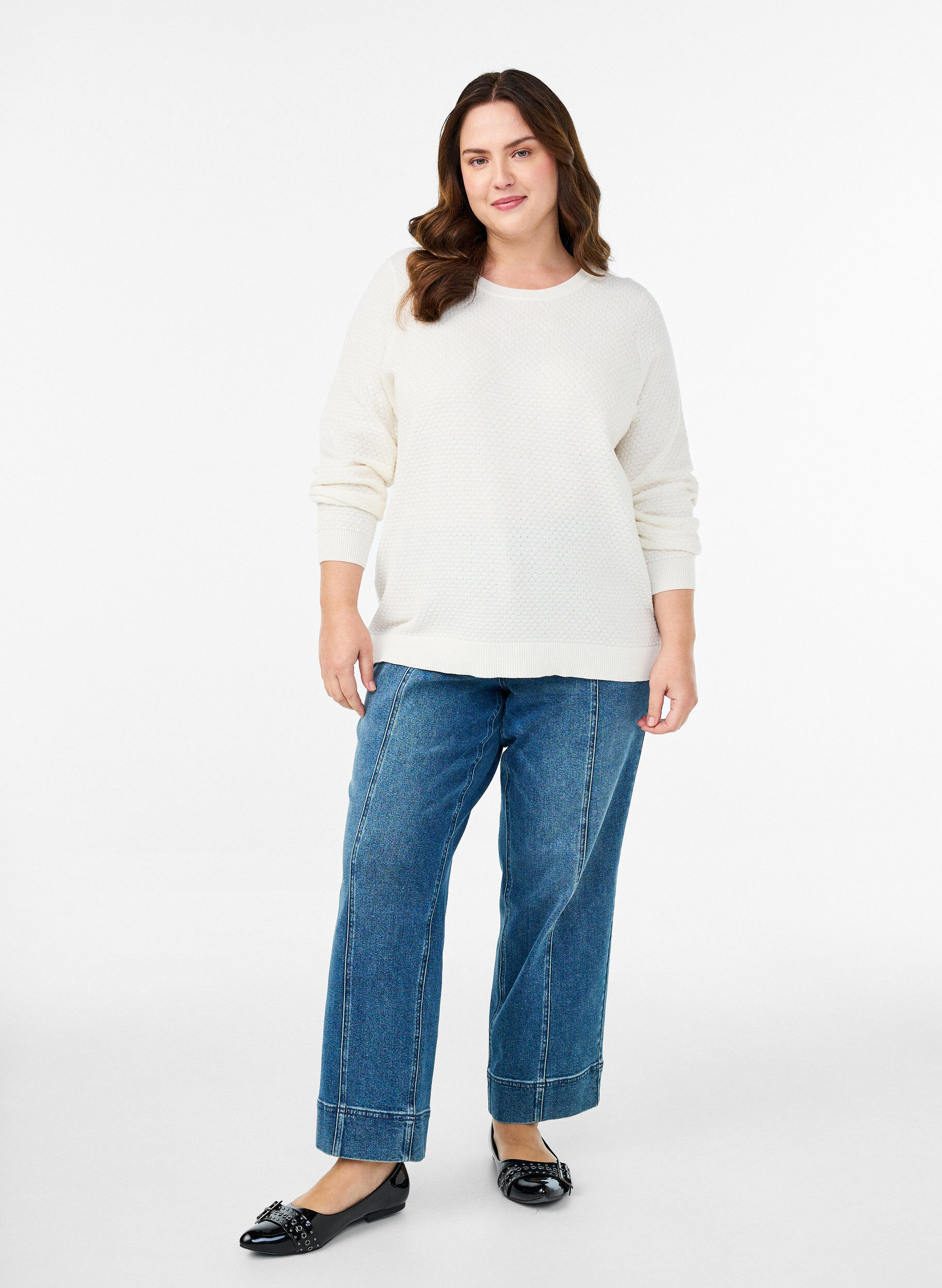 Zizzi Strikkebluse i bomull med strukturm&oslash;nster, Vanilje, Model image number 1