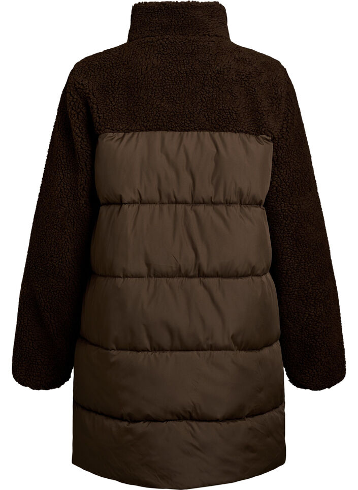 Midilang pufferjakke med teddyfleece, Brun, Packshot image number 1
