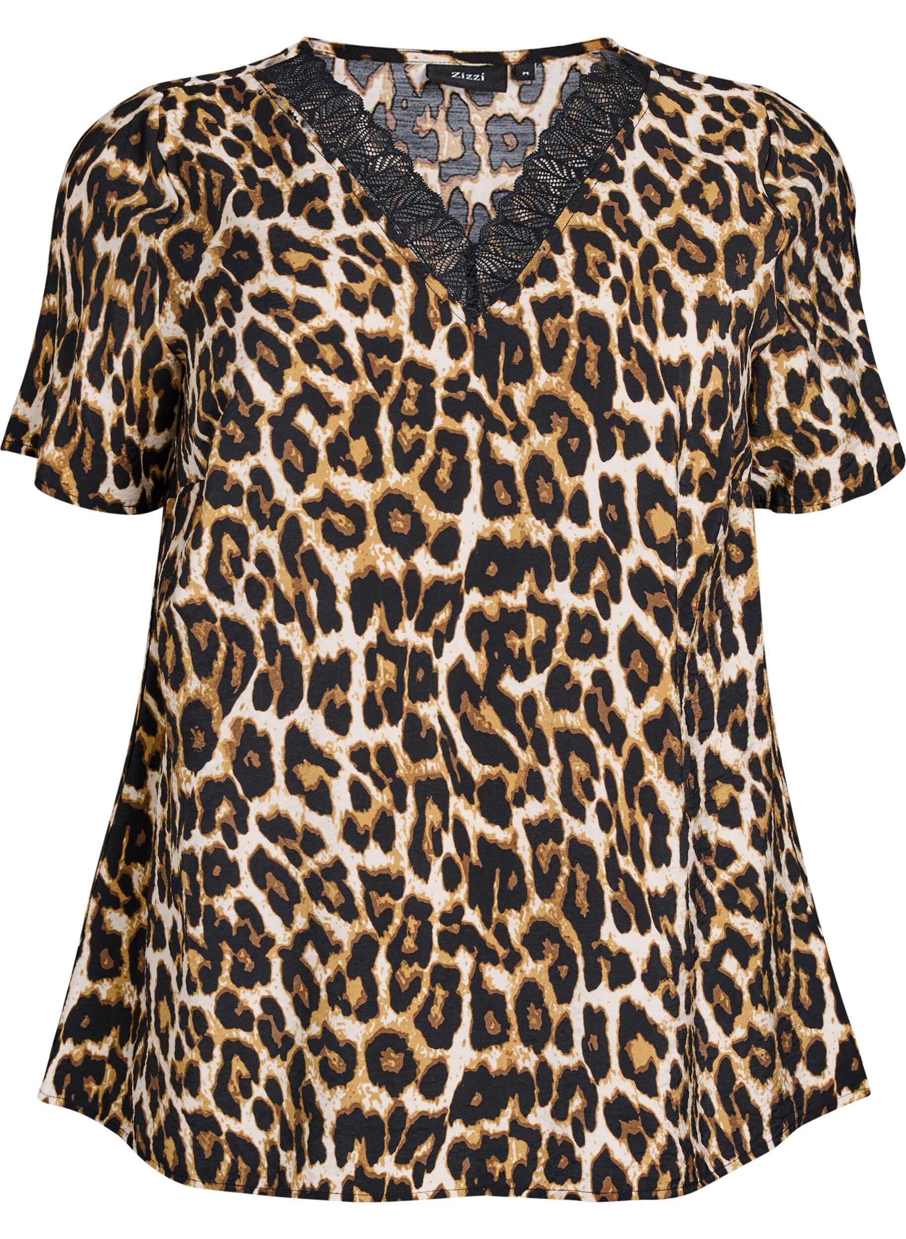 Zizzi Kortermet bluse i viskose med blondekant, Brun, Packshot image number 0