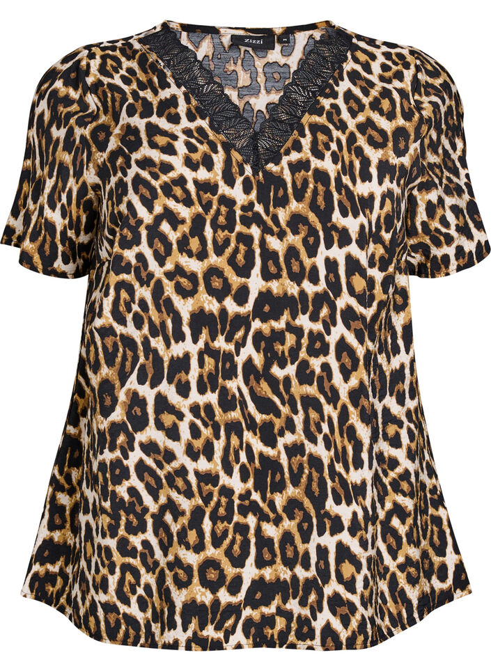 Kortermet bluse i viskose med blondekant, Brun, Packshot image number 0