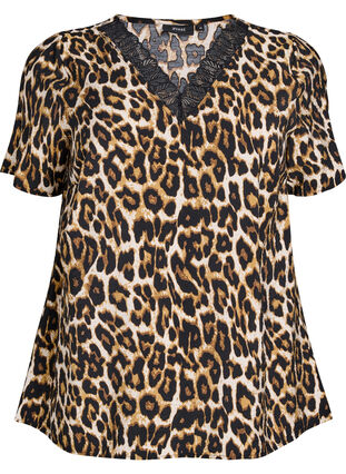 Zizzi Kortermet bluse i viskose med blondekant, Brun, Packshot image number 0