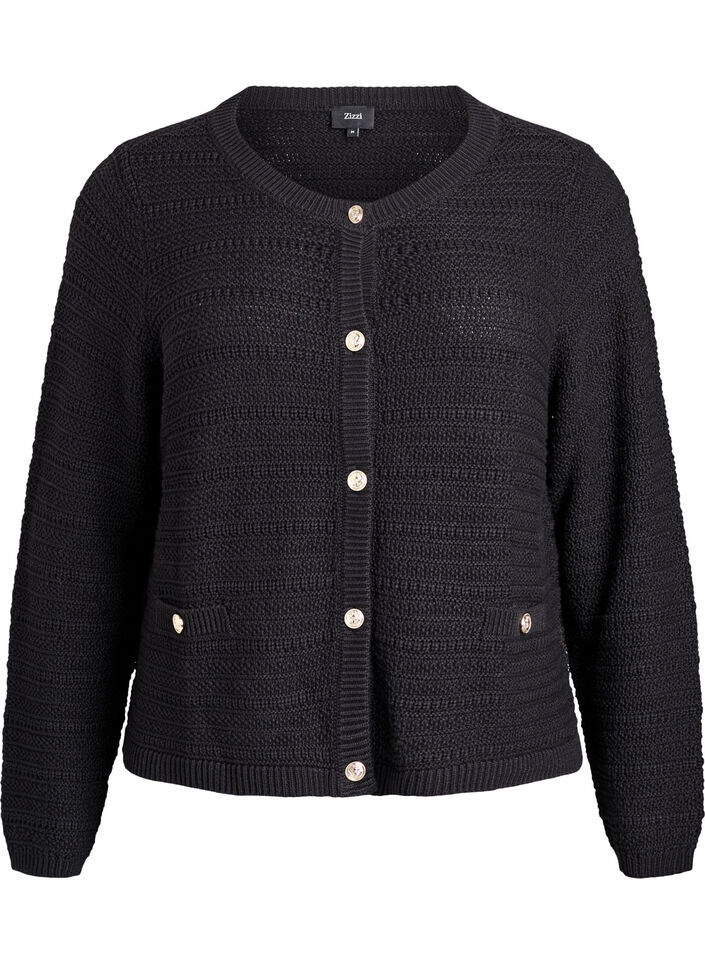 Cardigan med strukturstrikk og dekorative knapper, Svart, Packshot image number 0