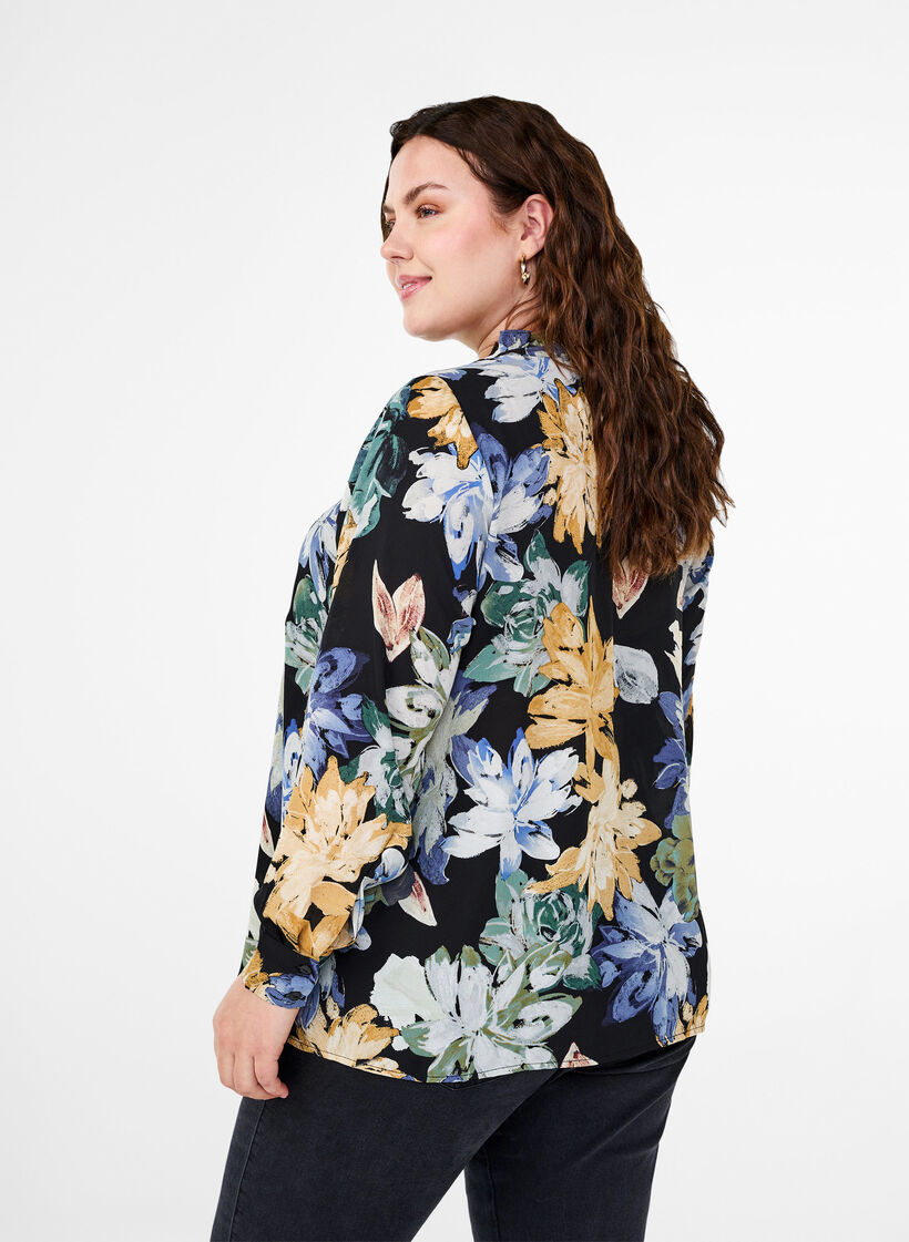 Langermet bluse med blomstertrykk, Yellow Flower AOP, Model image number 1
