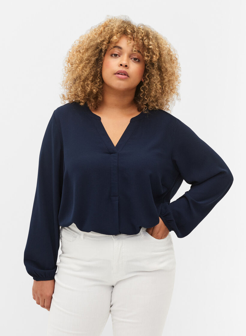 Ensfarget bluse med V-hals, Navy Blazer, Model image number 0