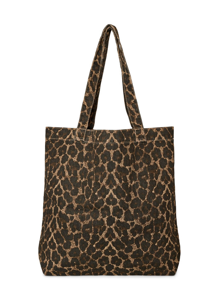 Denim shopper veske med leopardm&oslash;nster, Brun, Packshot image number 1