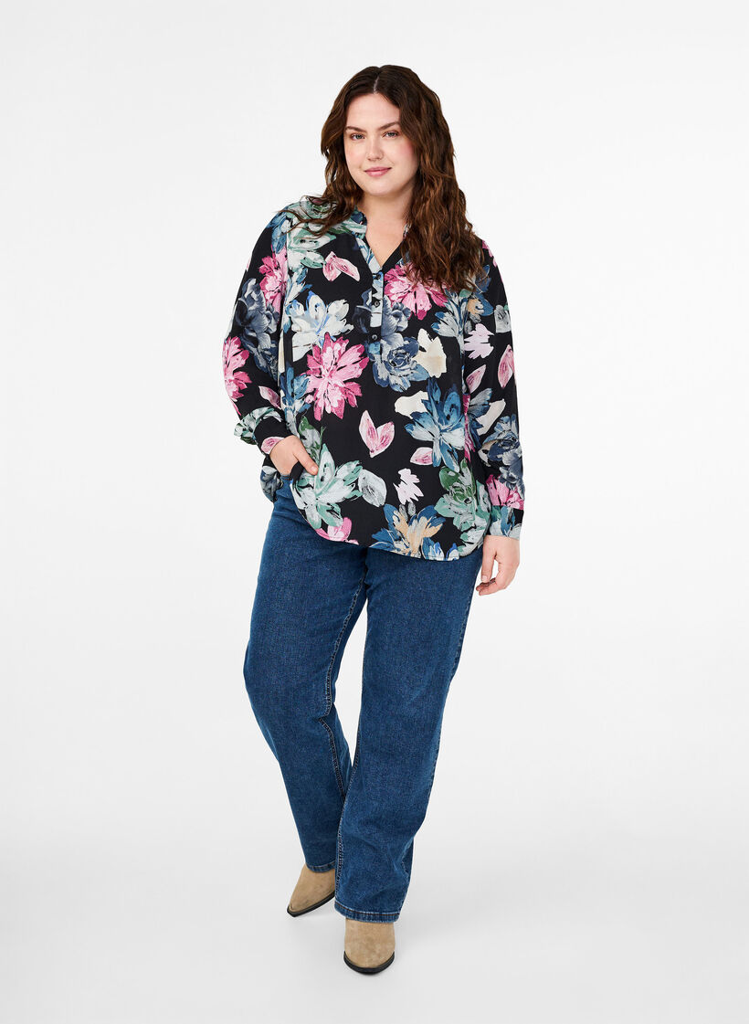 Langermet bluse med blomstertrykk, Rose Flower AOP, Model image number 2