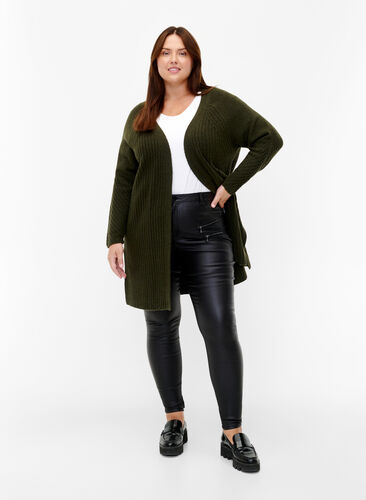 Lang cardigan i ribbestrikk, Forest Night Mel., Model image number 2