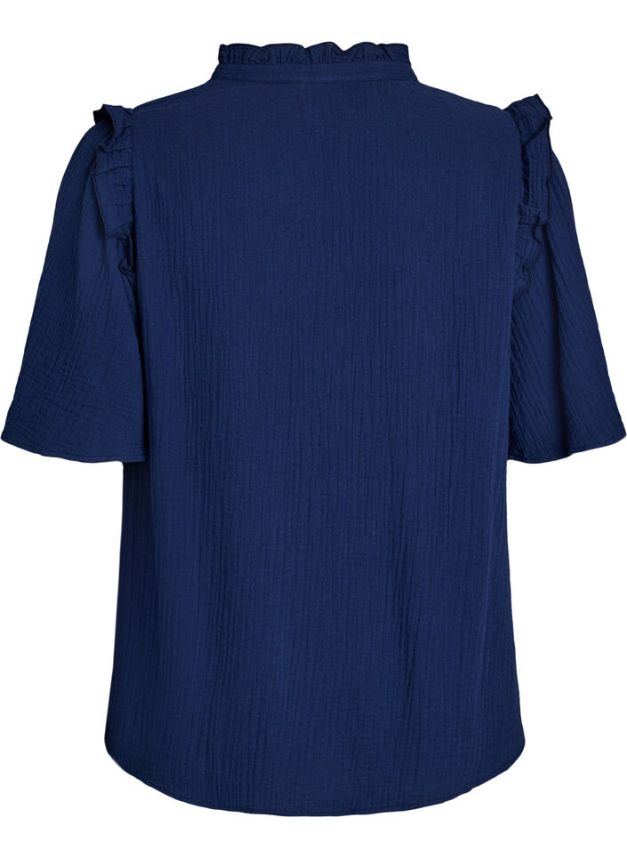 Bluse i bomullsmusselin med broderie anglaise og 1/2 ermer, Bl&aring;, Packshot image number 1