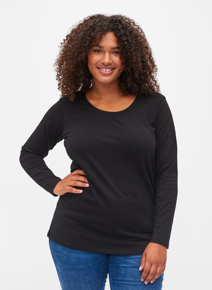 Ensfarget basisbluse i bomull, Solid Black, Model image number 0
