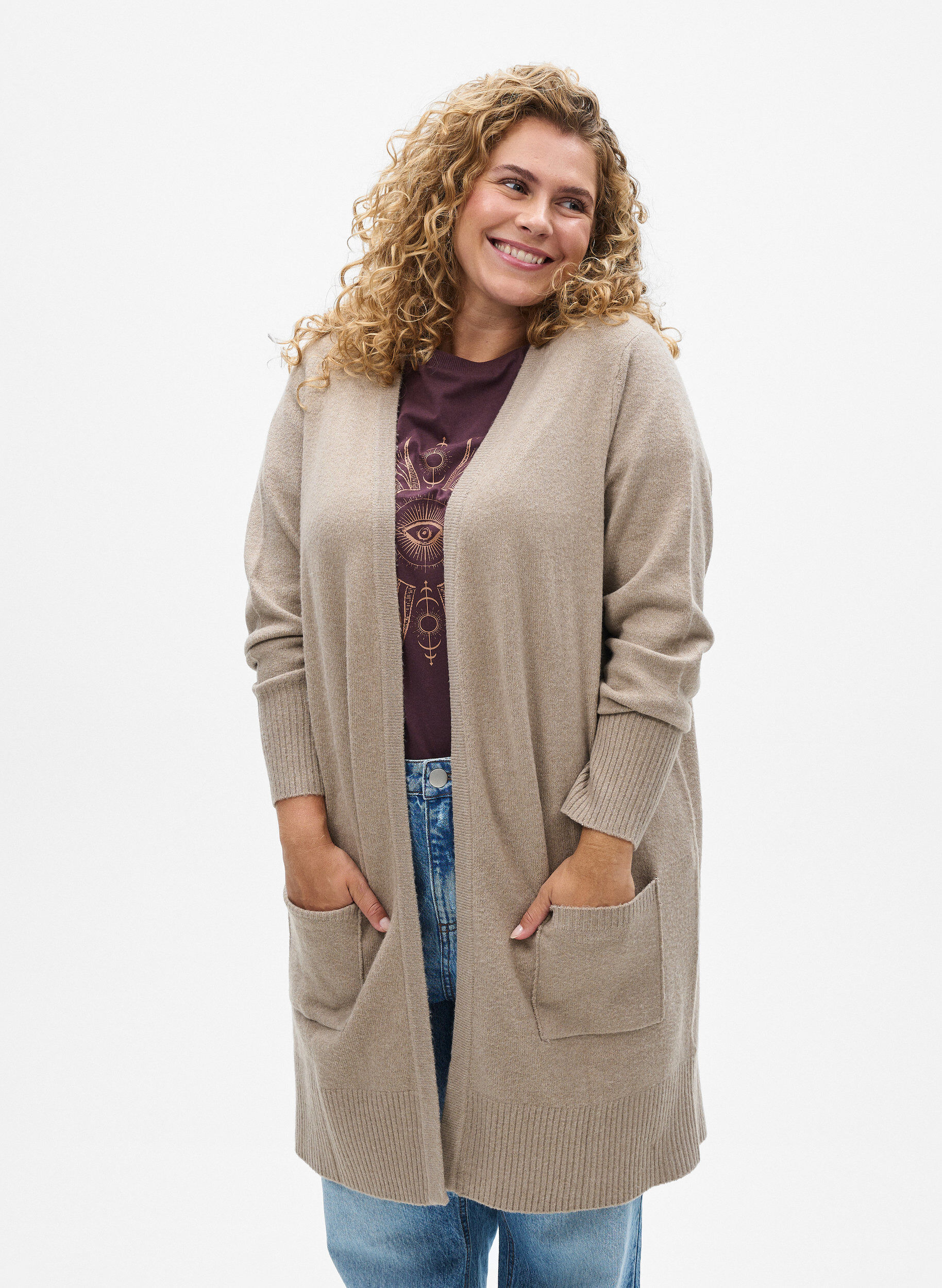 ZizziRibbestrikket cardigan med lommer, Beige, Model image number 0