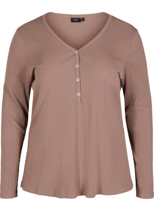 Langermet bluse i ribb med knappedetaljer, Deep Taupe, Packshot image number 0