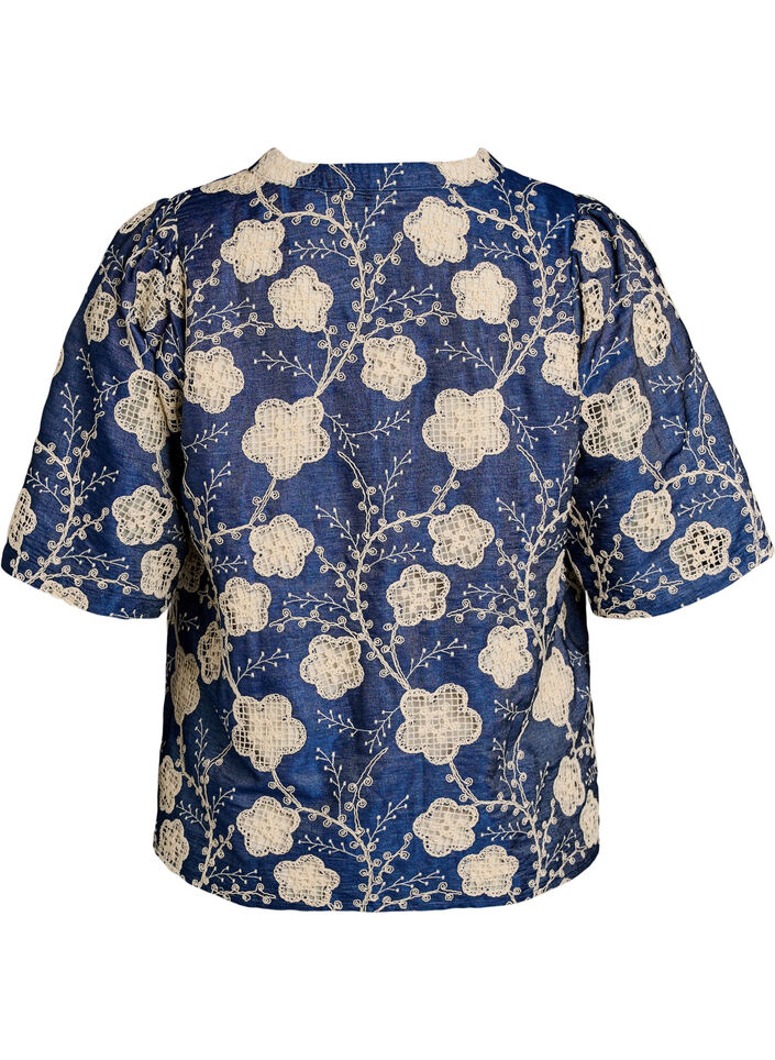 Bluse med V-hals og brodert m&oslash;nster, Bl&aring;, Packshot image number 1