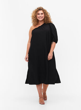 One-shoulder kjole av viskose, Black, Model image number 0