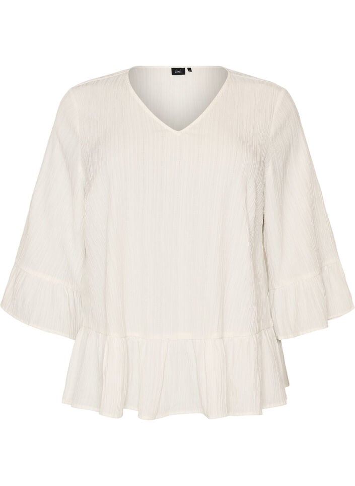 Bluse med tekstur, V-hals og rysjer, Vanilje, Packshot image number 0