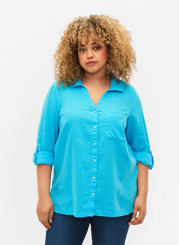 Skjortebluse med knappelukking i bomull-linblanding, Blue Atoll, Model image number 0