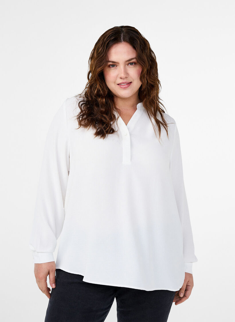Langermet skjortebluse med V-hals, Bright White, Model image number 0