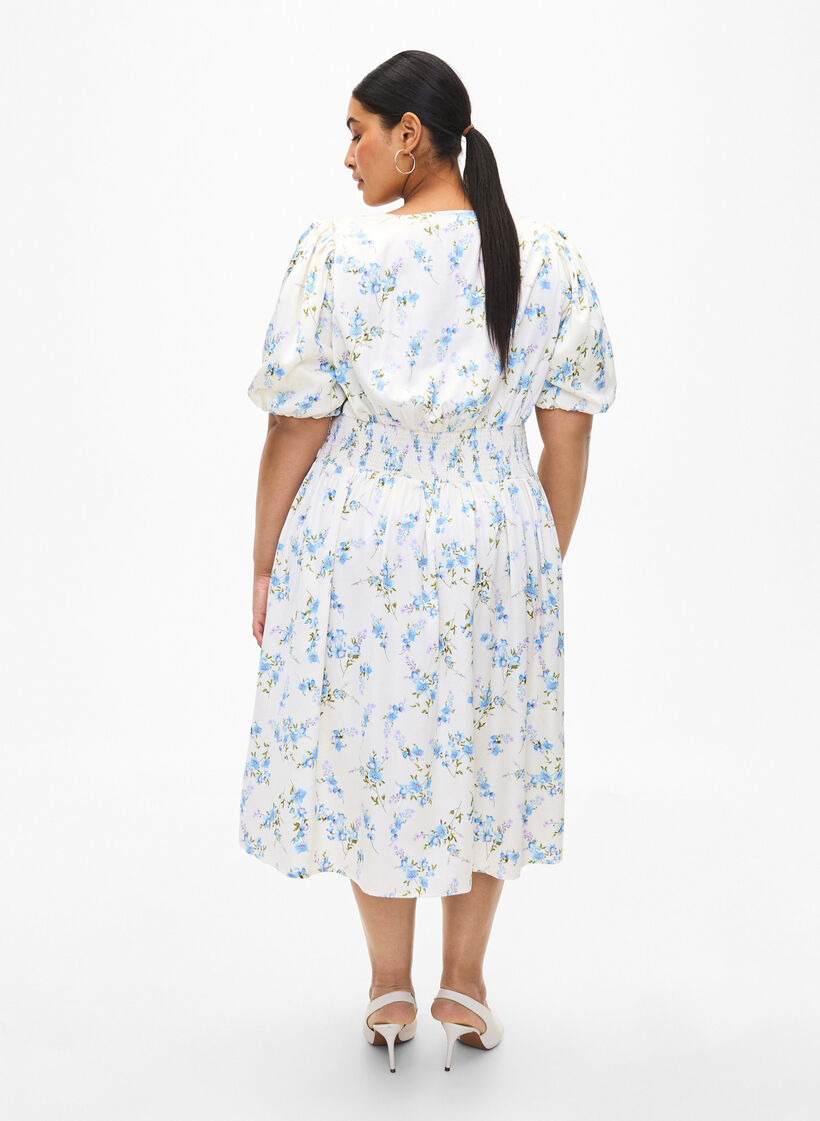 Blomstret satengkjole med puffermer, Off White Blue Fl., Model image number 1