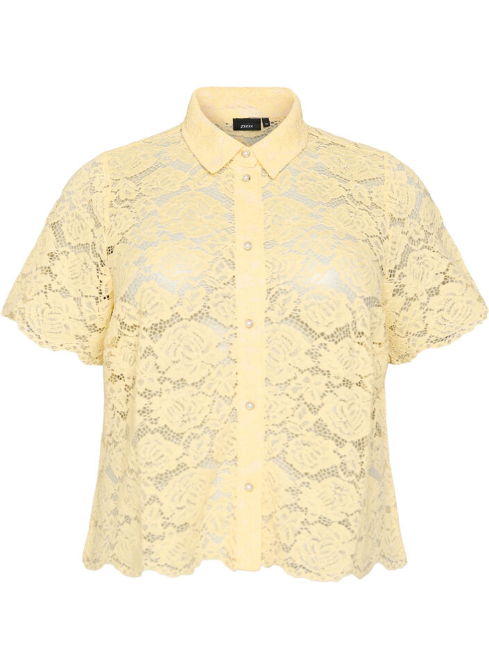 Skjortebluse i blonde med perleknapper, Gul, Packshot image number 0