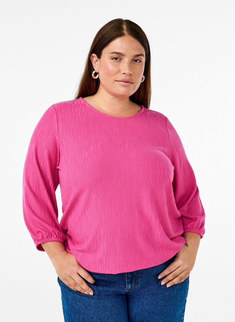 Bluse med tekstur og 3/4 ermer, Rosa, Model image number 0