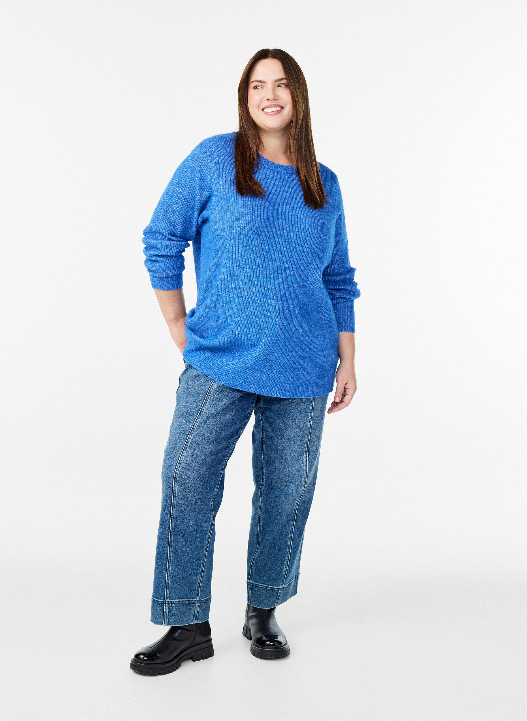 ZizziMelert strikkebluse med rund hals, Bl&aring;, Model image number 1