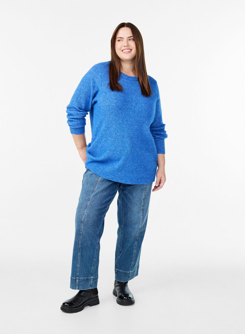 Melert strikkebluse med rund hals, Bl&aring;, Model image number 1