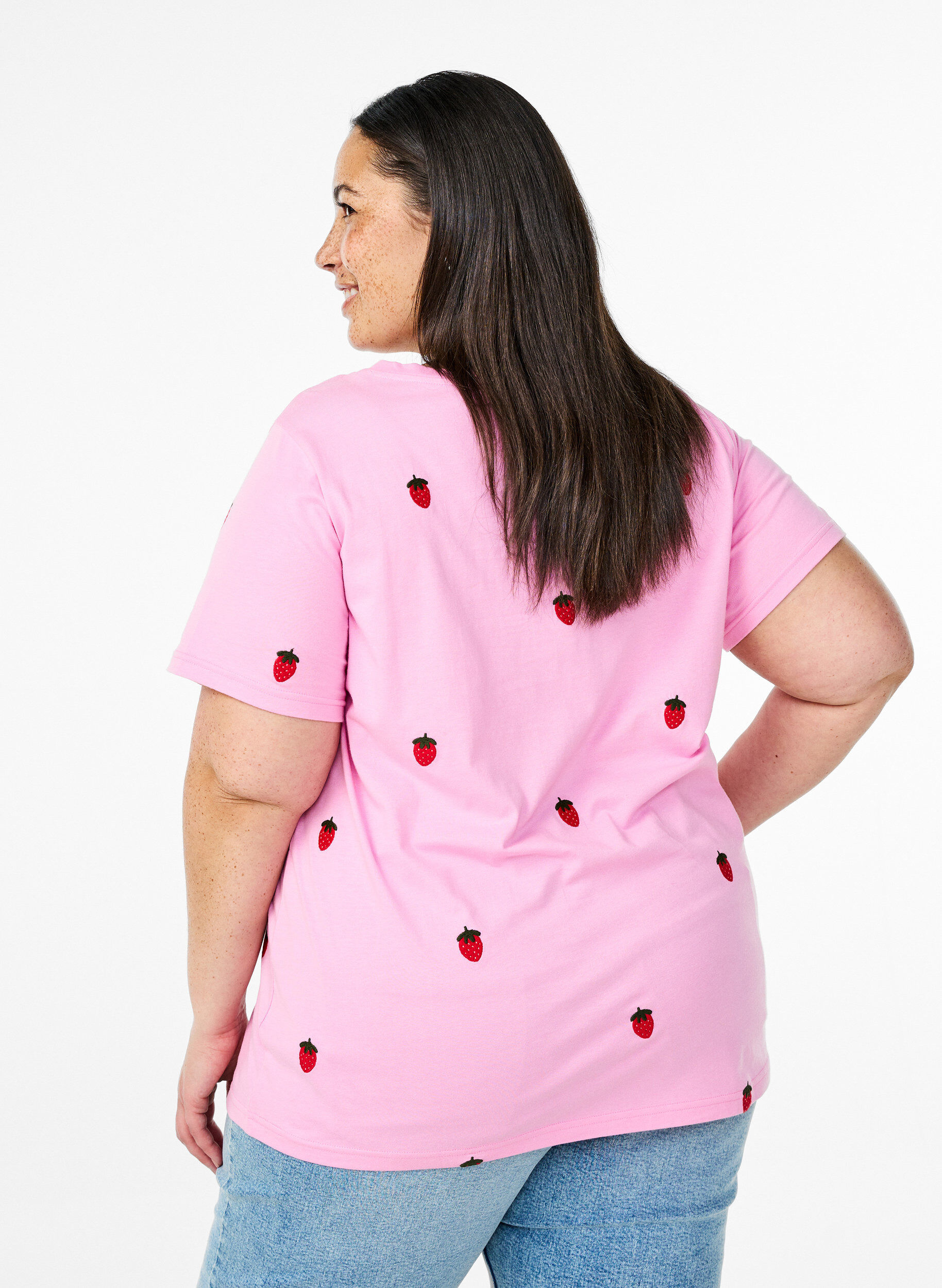 Zizzi T-skjorte i &oslash;kologisk bomull med broderte motiv, Rosa, Model image number 2