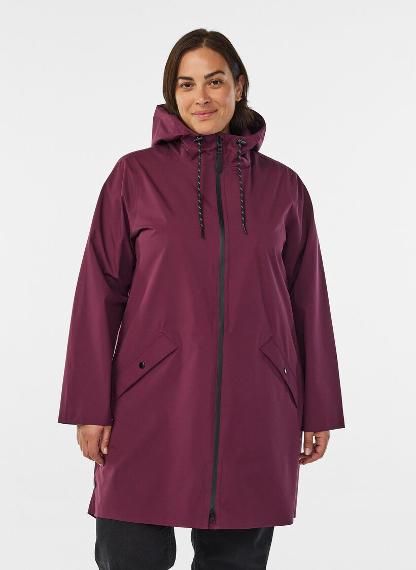 Regnjakke med lommer og hette, M&oslash;rk Bordeaux, Model image number 0