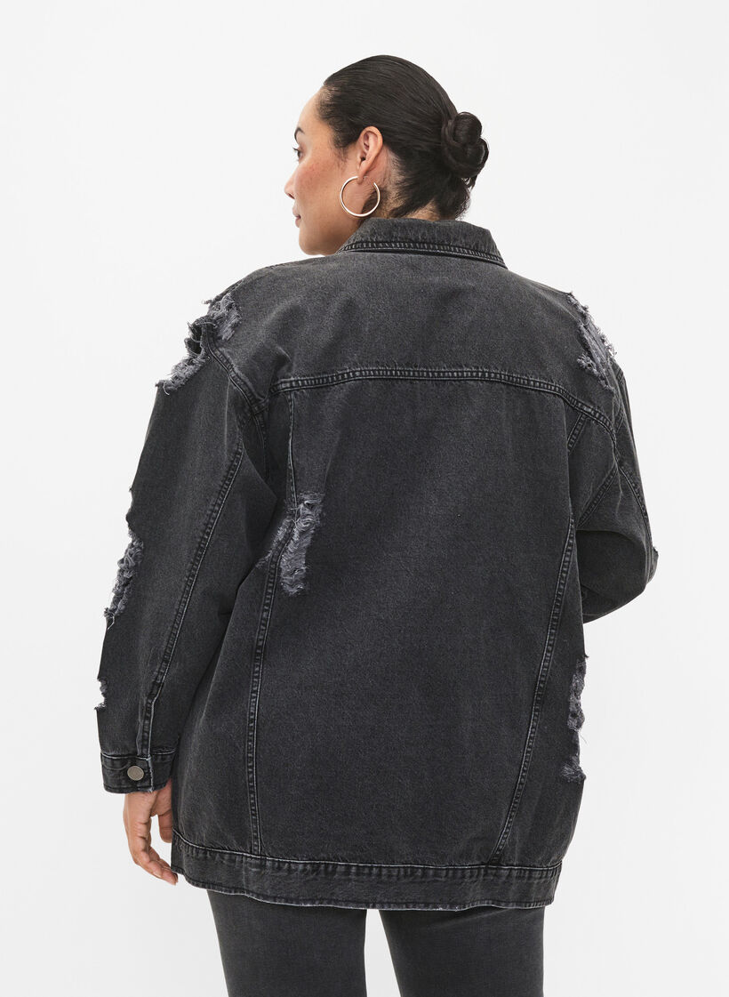 Løs denimjakke med slitte detaljer, Dark Grey Denim, Model image number 1