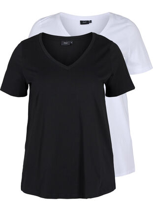 Zizzi Basis T-skjorter i bomull 2 stk., Black/Bright W, Packshot image number 0